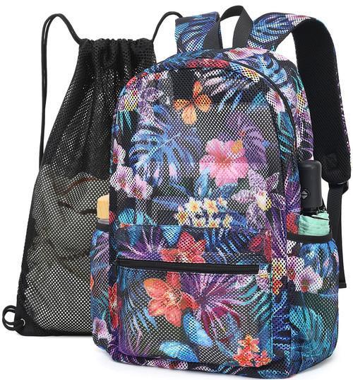 Bluboon Tropical Summer Hawaiian Flower Palm Leaves Mesh Backpack for Girls Kids Semi-Transparent School Bookbag See Through Beach Bag Daypack with Mesh Drawstring Bag Gear Backpack