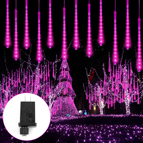 Meteors Shower Lights, 192 LED Falling Rain Lights 8 Tubes 11.8 Inch Waterproof Christmas Lights Plug in Snowfall LED Lights Outdoor for Tree Party Garden Yard Holiday Christmas Decoration, Pink