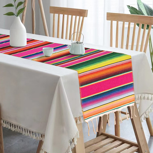Mexican Serape Table Runner for Cinco de Mayo Fiesta Mexican Party Decoration, 14 x 84 Inch, Fringe Cotton Table Runner