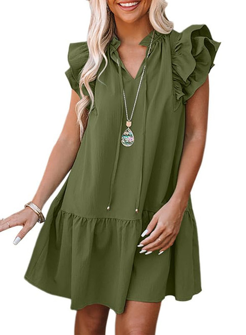 Dokotoo Womens Dresses Summer 2023 Drawstring V-Neck Ruffle Sleeveless Tank Dress Cap Short Sleeve Side Pockets Solid Color Mini Dress Sundress Green Medium