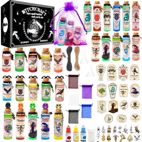 JX 114Pcs Halloween Decorations Indoor,Halloween Potion Bottles,Apothecary Potion Bottles,Witchcraft Farmhouse Decoration For Tiered Tray Table Home Room Party Supplies