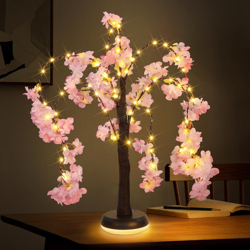 Miyole Cherry Blossom Tree Lights, Lighted Tree with 72 Fairy Lights, 16.5" Artificial Tree Lamp USB Rechargeable Battery Operated for Bedroom Wedding Party Decor (Pink Cherry Blossom)