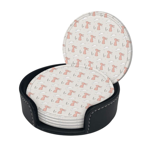 Round Coaster Set of 6 with Holder Pink-Cute-Rabbits-Bunny Leather Coasters for Drinks