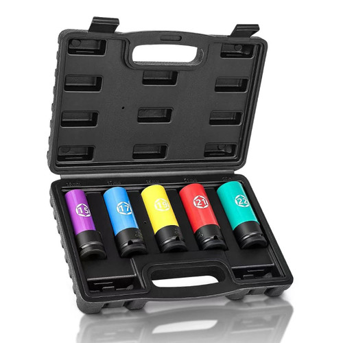 MOKENEYE 1/2" Impact Socket Set, 5 PCS 6 Point Metric Impact Set, Large Label Easy Identify, Non-Marring Impact Lug Nut Socket with Protective Wheel,CR-MO, Deep Impact Socket Tool Set-15 17 19 21 22mm