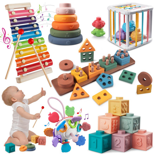 Montessori Toys for 1+ Year Old - Sorting Stacking Baby Toys 6 to 12 Months, Wooden Building Blocks, Xylophone Musical, Infant Teethers Toys & Sensory Cube for Babies, 6 in 1 Toy Gifts for Toddlers