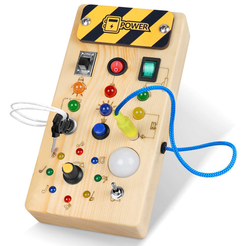 Montessori Toddler Busy Board, Baby Wooden Busy Board with 8 LED Light switches, Sensory Toys Light Switch Toys Travel Toys for 1+ Year Old Baby and Toddler