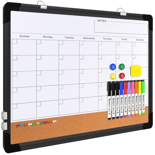Monthly Calendar Whiteboard, 24"x18" Dry Erase Cork Board Combination for Wall, Magnetic Dry Erase Board, Double-Sided White Board, Portable Board for Office, Kitchen, Planning, Memo, School, Home