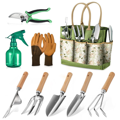 Grenebo Gardening Tools 9-Piece Heavy Duty Gardening Hand Tools with Fashion and Durable Garden Tools Organizer Handbag,Rust-Proof Garden Tool Set, Ideal Gardening Gifts for Women