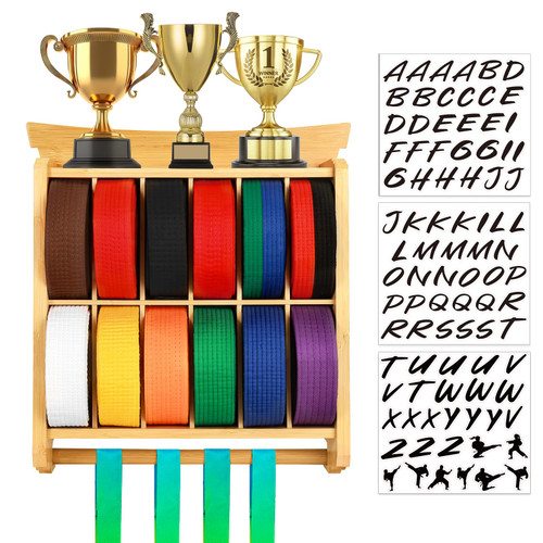 Tilhumt 12 Belts Karate Belt Display Rack with Trophy and Medal Display Rack, Bamboo Taekwondo Belt Display Rack with Stickers, Martial Arts Belt Display