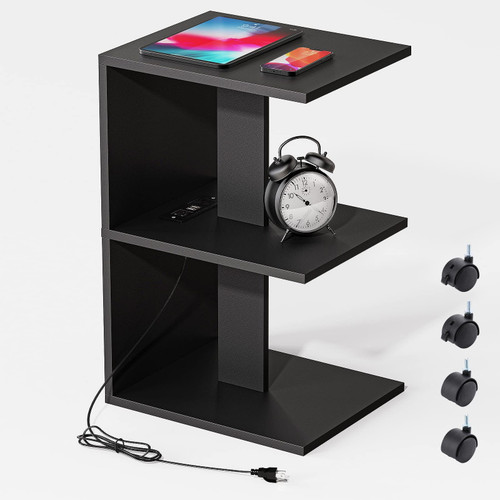 Nightstand with Charging Station, Narrow End Table Side Table with USB Ports and Outlets for Small Spaces, 3 Tier Nightstand Sofa Bedside Tables with Pulleys for Living Room, Bedroom (Black)
