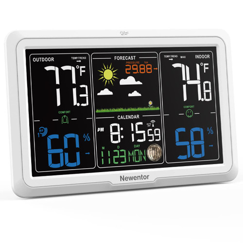 Newentor Weather Station Wireless Indoor Outdoor Thermometer, 7.5in Large Display Atomic Weather Clock, Inside Outside Thermometer Hygrometer with Barometer and Weather Forecast, Time and Date, White Newentor Weather Station Wireless Indoor Outdoor Thermometer, 7.5in Large Display Atomic Weather Clock, Inside Outside Thermometer Hygrometer with Barometer and Weather Forecast, Time and Date, White