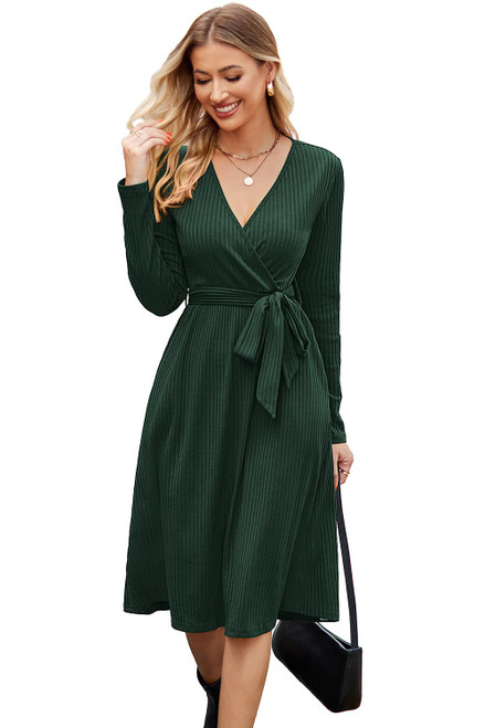 Newshows Women's 2023 Winter Long Sleeve Sweater Dress V Neck Holiday Tie Waist Ribbed Knit Belt Midi Wedding Guest Dress with Pockets(Dark Green, L)