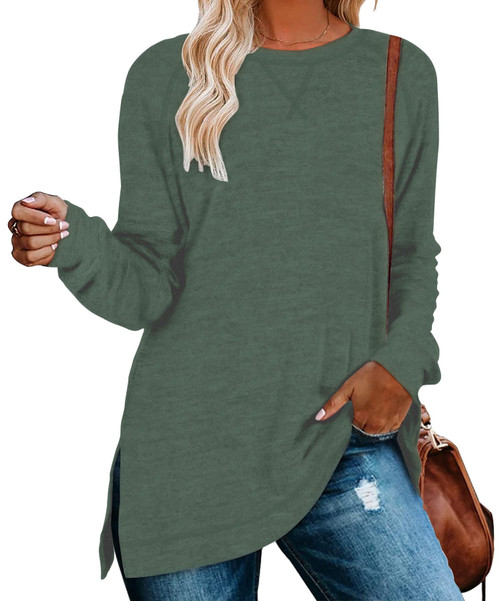 NILOUFO Womens Long Sleeve T Shirts Casual Blouses Trendy Tops Side Split Tunics(Green, XX-Large)