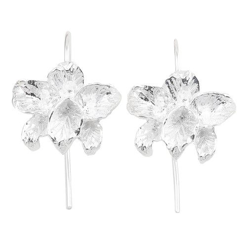 NOVICA Handmade .925 Sterling Silver Drop Earrings Thai Artisan Orchid No Stone Thailand Floral [0.8 in L x 0.6 in W] 'Orchid Blossom'