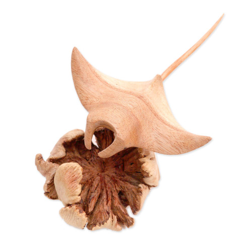 NOVICA Artisan Handmade Wood Figurine Jempinis and Benalu Manta Ray from Bali Brown Indonesia Sculpture Animal Themed Beach 'Calm Manta Ray'