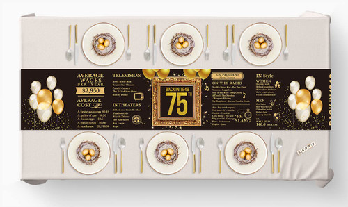 75th Birthday Table Runner Back in 1948 Table Runners 75 Years Old Kitchen Dining Table Runner 72 Inches Long Black and Gold Birthday Anniversary Wedding Party Table Decoration