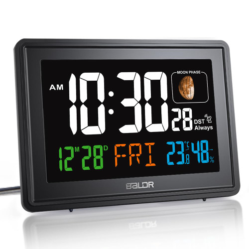 BALDR Atomic Alarm Clock - Large Color Display Digital Desk Clock - With Indoor Thermometer for Temperature & Humidity - Date & Real-Time Moon Phases - Perfect Office Clock or Nightstand Clock (Black)