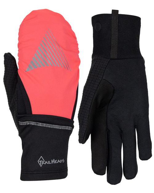 TrailHeads Women's Touchscreen Gloves with Reflective Waterproof Mitten Shell - Convertible Running Gloves - Black/Bright Coral - Reflective - Medium/Large