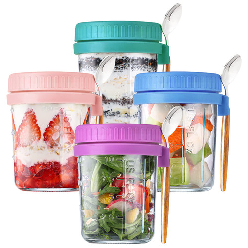 Overnight Oats Containers with Lids and Spoon, 4 Pack Mason Jars for Overnight Oats, 16 Oz Overnight Oats Jars Glass Oatmeal Container to Go for Chia Pudding Yogurt Salad Cereal Meal Prep Jars (Blue Turquoise Purple Pink)