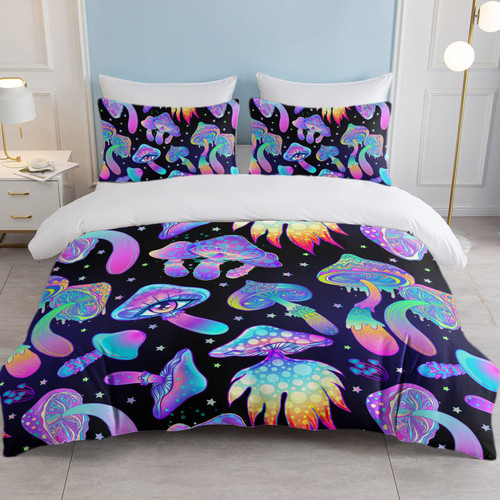 SOULZZZ Trippy Mushroom Duvet Cover King - Soft Starry Galaxy Cartoon Neon Mushroom Bedding Set 3 Piece Aesthetic Mushroom Comforter Cover with 2 Pillow Shams