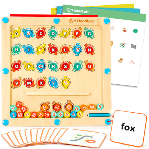 Woodtoe Magnetic Alphabet Maze Board, Toddler Magnetic Color Maze - Wooden ABC Letter Words Matching Puzzle - Montessori Fine Motor Skills Toys for Preschool Home Kingdergarten Kids Ages 3-6