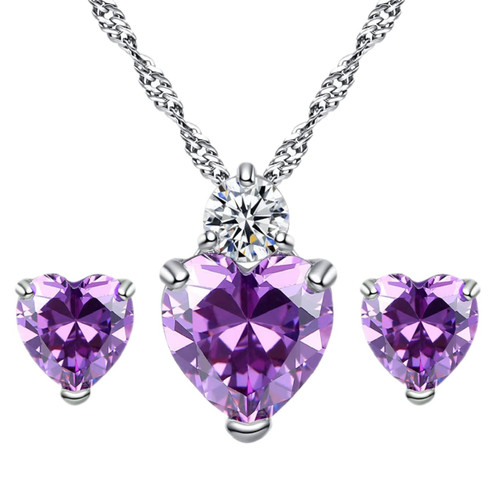 Jeolory 925 Silver Plated Shiny Fashion Cute Crystal Rhinestone Love Heart Pendent Necklace Stud Earrings Jewelry Set for Women Lady Girl (Light Purple)