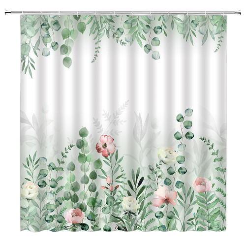 Green Leaves Florla Shower Curtain Watercolor Sage Eucalyptus Leaf Botanical Pink Flower Plant White Nature Fabric Bathroom Decor Curtain with Hooks