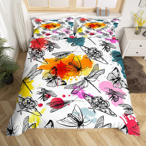 Watrecolor Graffiti Bedding Set Nature Flying Animal Dragonfly Moth Comforter Cover Set for Kids Teens Bedroom Decor Jungle Wildlife Colorful Duvet Cover Microfiber Breathable Bedspread Full Size