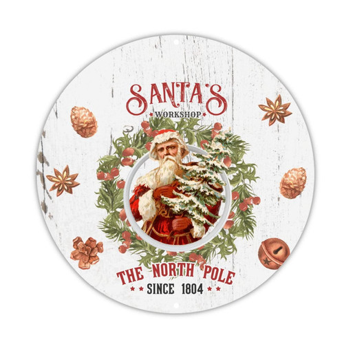 Welcome Sign Santa's Workshop The North Pole Round Tin Metal Sign Christmas Mistletoe Wreath Nut Bell Sign Hello Winter Wall Decor Art Sign For Home Gate Garden Bars Restaurants Cafes 9x9in