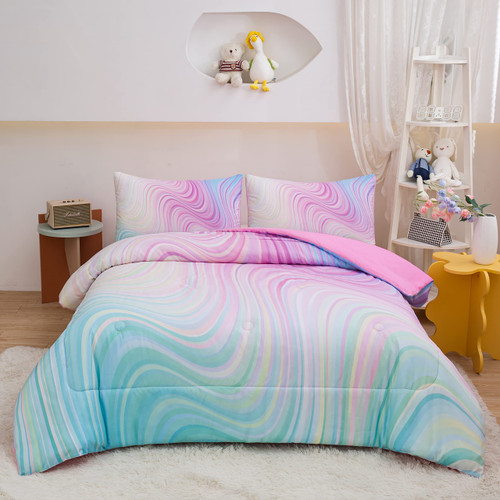 MWMWMW Girls Twin Comforter Set, Teen Girl Bedding Set, Kids Comforter Set for Girls, Pink Blue Purple Bedding Twin, Tie Dye Comforter, Rainbow Comforter, Pink Bedding Set for Girls