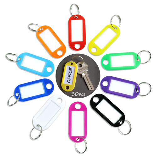 Redamancy 30 Pack Plastic Key Tags,Key Labels with Ring and Label Window ,Plastic Key Tags 10 Colors