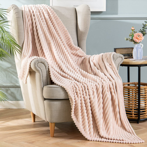 MIULEE Fleece Throw Blanket for Couch 300GSM Super Soft Lightweight Plush Striped Blanket, Light Pink Coral Warm Cozy Breathable Ribbed Blanket for Bed/Sofa, Throw Size 50"x60"