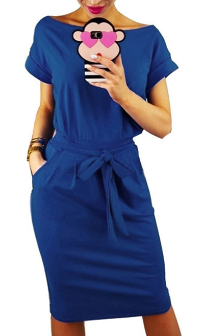 PALINDA Women's Short Sleeve Wear to Work Casual Pencil Wrap Dress Belted Sheath Royal Blue L