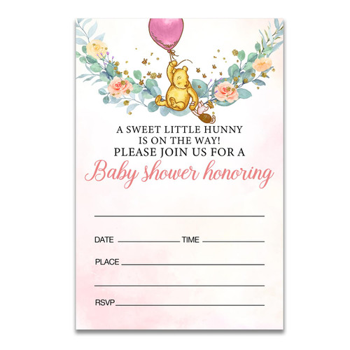 Dolimifa Floral Winnie the Pooh Baby Shower Invitations Fill in Style Greenery Pink Classic Winnie Baby Shower Invites, 20 Count With Envelopes