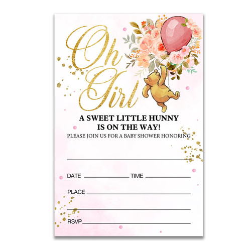 Dolimifa Winnie the Pooh Oh Girl Baby Shower Invitations Fill in Style Winnie the Pooh Pink Balloon Floral Bear Baby Shower Invites for Gender Reveal, 20 Count With Envelopes