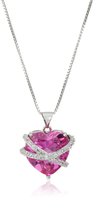 Amazon Collection Sterling Silver Created Pink and White Sapphire Wrapped Heart Pendant Necklace, 18"