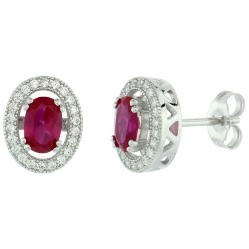 Sterling Silver Micro Pave Cubic Zirconia Oval Earring white Cubic Zirconia Centered Pink Prong Set Stone