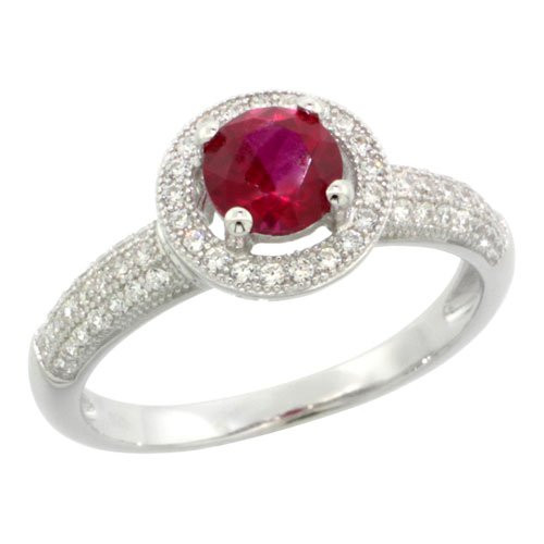 Sterling Silver Cubic Zirconia Micro Pave Round Crown Shape Center Stone Ring White & Red Stones, Size 9