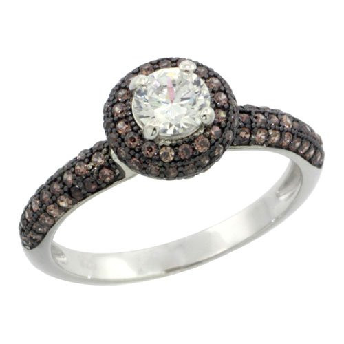Sterling Silver Cubic Zirconia Micro Pave Round Crown Shape Center Stone Ring White & Brown Stones, Size 9
