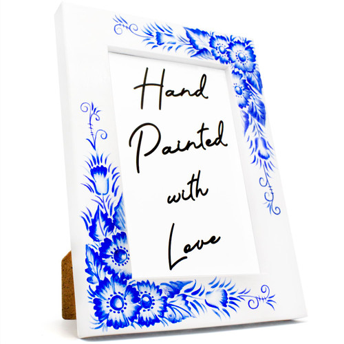 AEVVV 4x6 White Blue Picture Frame with Russian Gzhel Ornament Desk Decor, Wall Decor, Photo Gallery - Unique Wooden Picture Frame - White Photo Frames for Gift