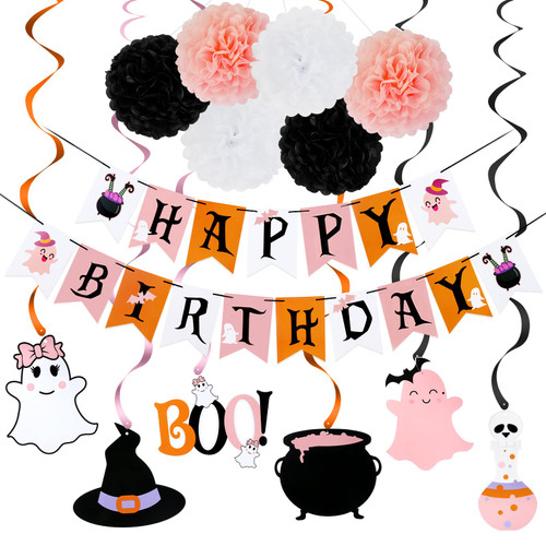 Pink and Black Halloween Happy Birthday Banner and Halloween Birthday Hanging Swirls Happy Birthday Halloween Banner for Pink Girls Halloween Birthday Party Supplies Pink and Black Halloween Happy Birthday Banner and Halloween Birthday Hanging Swirls Happy Birthday Halloween Banner for Pink Girls Halloween Birthday Party Supplies