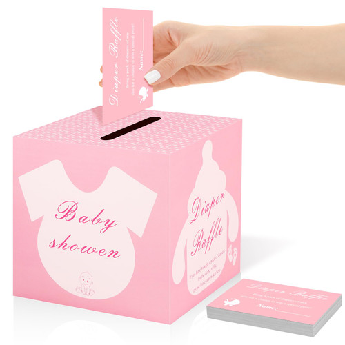 HIMOMO Pink Diaper Raffle Card Box Donation Box Ballot Box Raffle Box Safe Suggestion Box with Raffle Tickets, Cards Ballot Box with Slot Collection Box for Gender Reveal Baby Shower Party Decoration