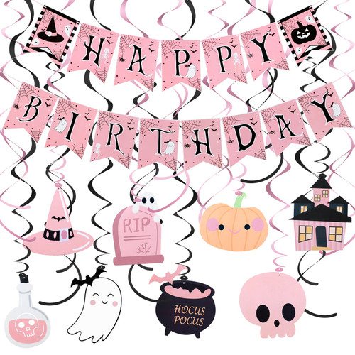 Pink Halloween Happy Birthday Banner and Halloween Birthday Hanging Swirls Happy Birthday Halloween Banner for Pink Girls Halloween Birthday Party Supplies Pink Halloween Happy Birthday Banner and Halloween Birthday Hanging Swirls Happy Birthday Halloween Banner for Pink Girls Halloween Birthday Party Supplies