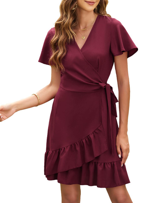 Naggoo Women's Summer Wrap V Neck Solid Ruffle Short Sleeve Mini Dress with Belt Wine Medium