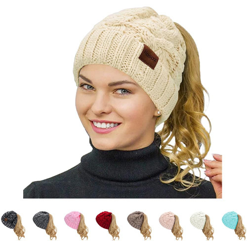 Rosoz Ponytail Beanie for Women,Winter Warm Beanie Tail Soft Stretch Cable Knit Messy High Bun Hat