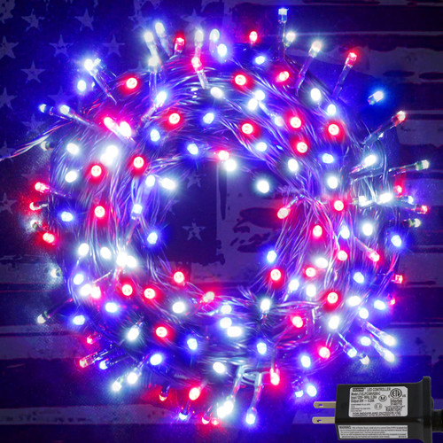 Pooqla 200 LED 66FT 4th of July Decoration Lights, Red White Blue Patriotic String Lights, Outdoor Independence Day Fairy Lights 8 Modes Connectable for Home Yard Patio Party Decoration