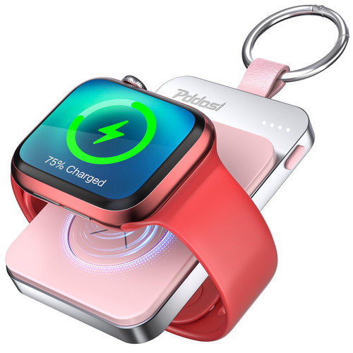 Pddosi Portable Wireless Charger for Apple Watch Series 9/8/UItra/7/6/5/4/3/2/SE, 1500mAh Compact iWatch Charger Travel, Magnetic Portable Watch Charger Keychain Power Bank with USB C (Pink)