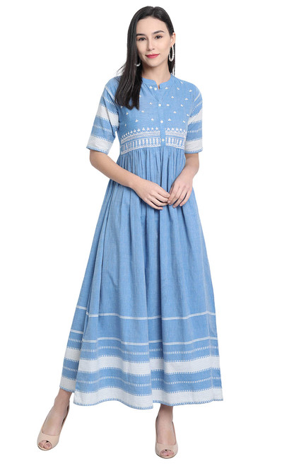 Janasya Women's Blue Cotton Western Dress(J0152-DR-M)