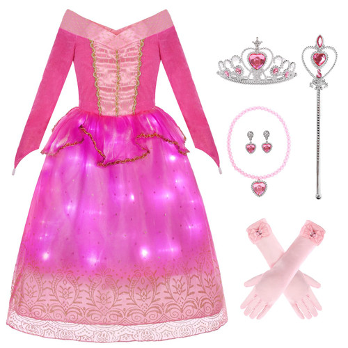 IBQ Princess Sleeping Beauty Costume Aurora Princess Dress Up Kids Girls Halloween Costume Birthday Halloween Outfit with Accessories Crown Wand Gloves Necklace Earrings BQ032M