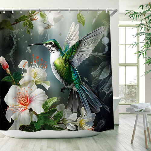 WUASDCS Hummingbird Floral Shower Curtain Watercolor White Flower Green Leaves Garden Nature Scenery Bathroom Decor Fabric Curtains with Hook